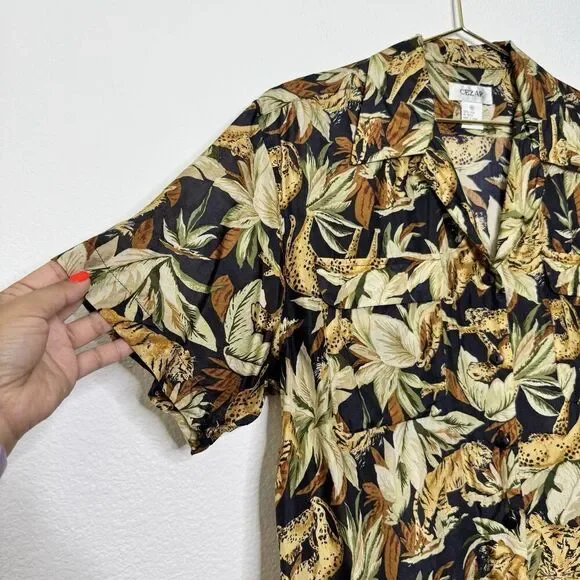 Vintage 100% Silk Top Medium 90s Tiger Cheetah Novelty Hawaiian Button Shirt - Picture 3 of 7